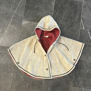 Kids wool vintage German Hooded Cape Coat - Gray with Red Lining